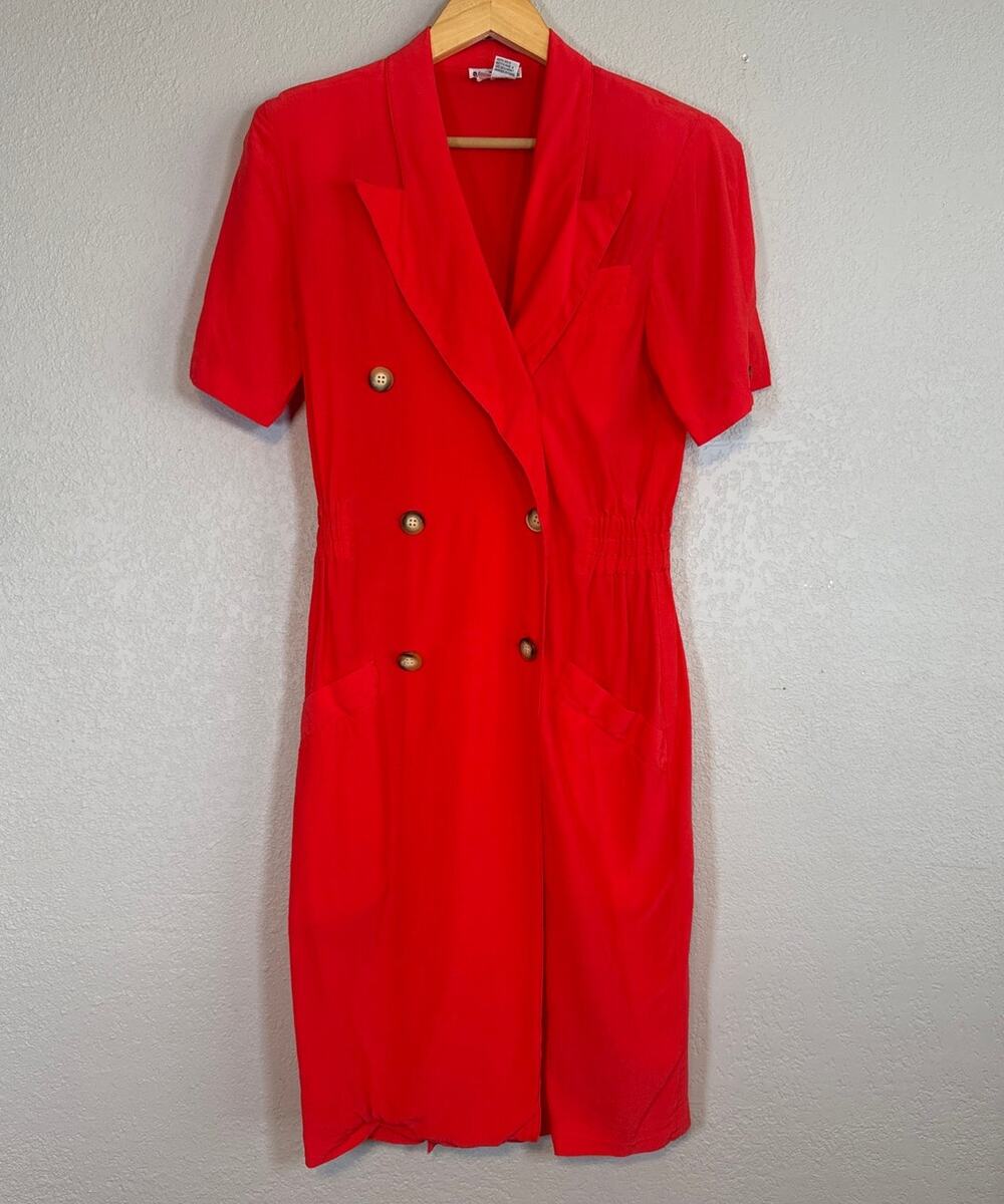 Vintage 100% Silk Dress Collared Womens 4 Coral Red Business 80s Career Wear